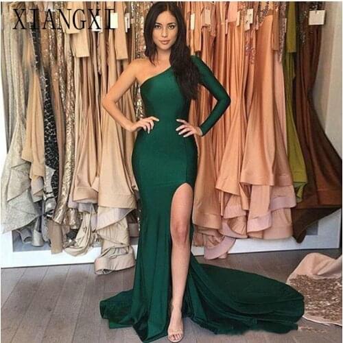 2020 Emerald Green Mermaid Prom Dresses One Shoulder Long Sleeves Thigh High Slit Court Train Formal Evening Party Pageant Dress