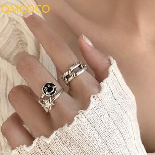 New Style Fashion Trendy 925 Silver Ring Vintage Stars Pentagram Smiling Face Jewelry Elegant Woman Party Accessories
