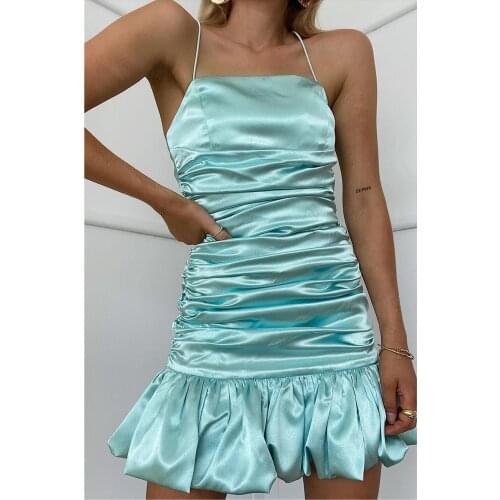 Sexy Satin Camis Bodycon Dress for Women Light Blue Dress Cute Summer Dresses Strapless Folds Ruffles Backless Mini Dresses