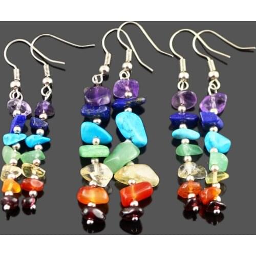 Natural Stone Earrings 7 Chakra Long Fringed Statement Drop Earrings for Women Round Beads Reiki Healing Jewelry Gift for Women