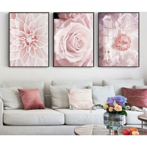 Nordic Pink Flowers Canvas Decorative Painting Plant Flowers Frameless Living Room Bedroom Background Wall Painting Core Poster