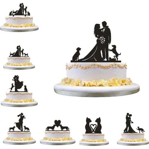 Mixed Funny Style Wedding Cake Topper with Pet Dog Cat Bride & Groom Cake Topper MR & Mrs Black Acrylic Cake Topper Decorating