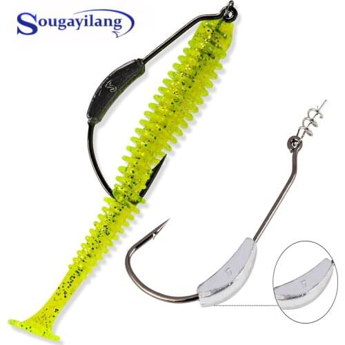 Sougayilang 5Pcs Fishing Lure with 5pcs Fishing Hooks Soft Lure Artificial Bait Carp Earth Worm Fishing Lure Bait Fishing Tackle