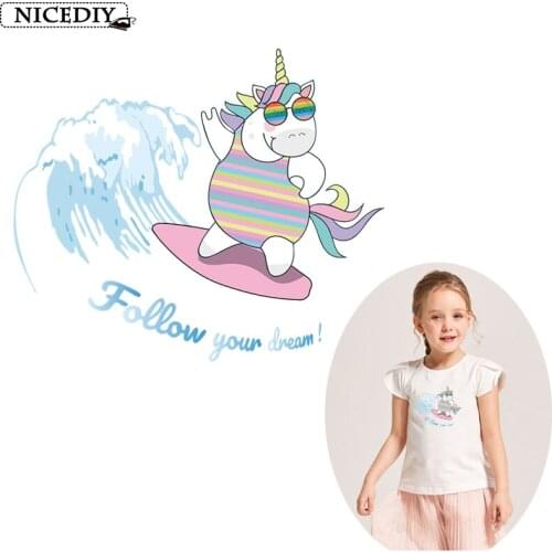 Thermal Transfer For Clothing Stickers Waves Iron On Patches Cute Animal Unicorn Letters Badges Washable T-Shirt Follow Dream