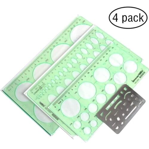 4 Pieces Circle Drawings Templates Stencils with Erasing Shield, Geometric Plastic Measuring Template Draft Rulers for Drawing