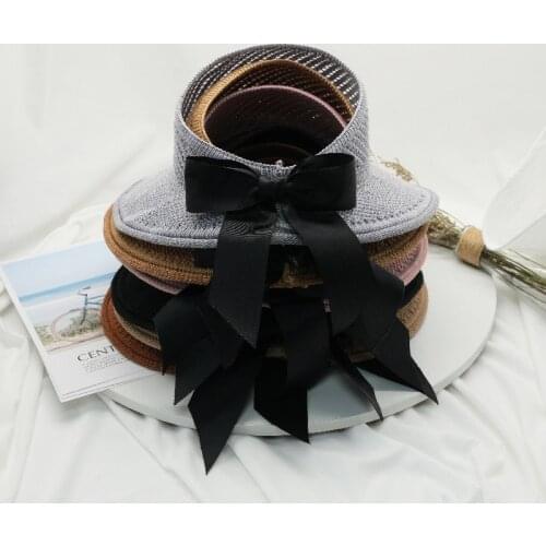 Classic Bowknot For Women Outdoor Beach Cap Pure Color 1Pcs Big Brim Straw Hat Foldable Summer