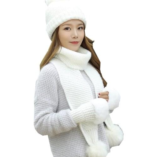 Women Winter Hats Scarves Gloves Set Cotton Wool Knitted Hat Scarf Set For Female Winter Accessories 3 Pieces Hat Scarf