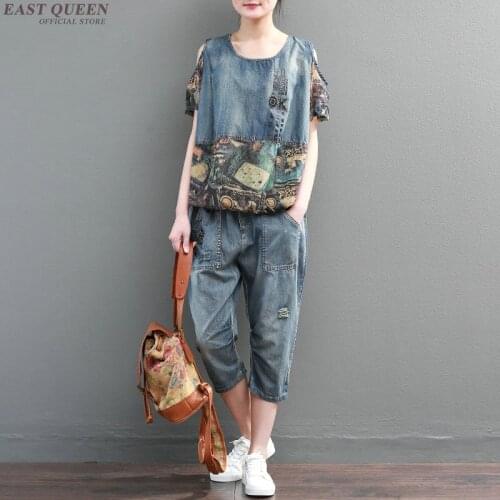 Sets woman two pieces denim summer female elegant vintage retro two piece set summer AA3995