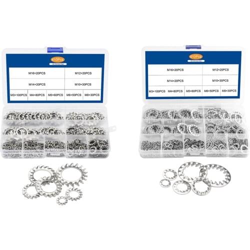 410PCS/Box External / Internal Tooth Lock Washer Assortment Kit 304 Stainless Steel M3-M16 Star Lock Washer M4 M5 M6 M8 M10 M12