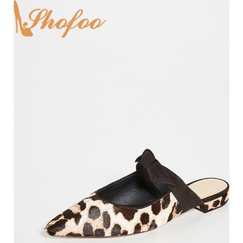 White Leopard Ballet Mules Flats Woman Pointed Toe Pull On Shoes Large Size 11 16 For Ladies Summer Fashion Office Mature Shofoo