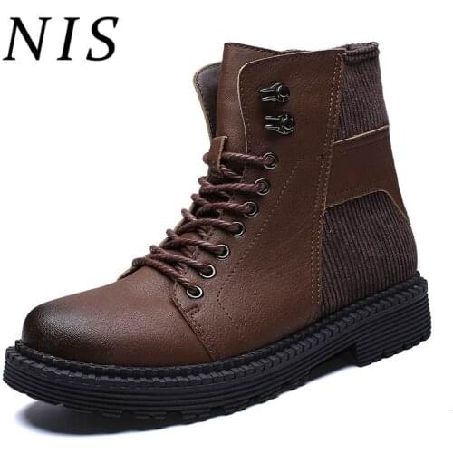 NIS Patchwork PU Leather Men Motorcycle Boots Winter Spring Autumn Lace-up Men Ankle Boots Casual Shoes For Man Booties