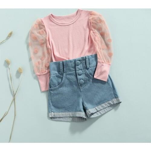 Toddler 1-6 Years Fashion Clothes 2Pcs Outfit Dot Puff Long Sleeve Knitted Pullover + Denim Shorts Infant Baby Girls Clothes