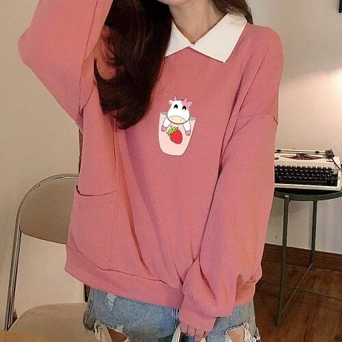 Kawaii Strawberry Cow Jumper Cotton Aesthetic 90s Sweatsuit Women Casual Hoodie with Pocket All-match Girls Sweatshirt Pink Tops