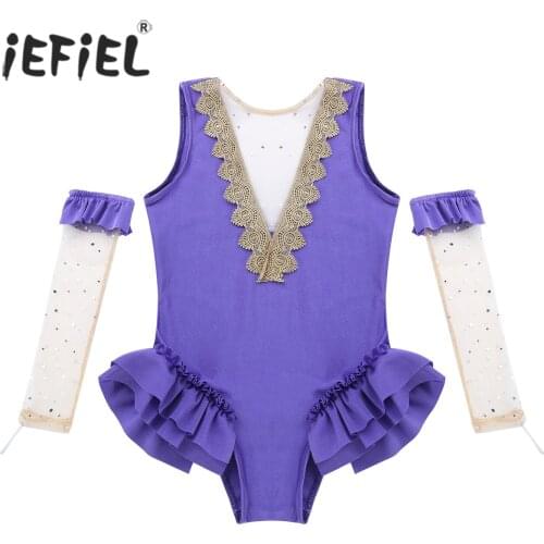 IEFiEL Kids Girls Showman Fancy Stage Performance Dance Costume Splice Leotard with Arm Sleeves Fancy Dancewear Fast Shipping