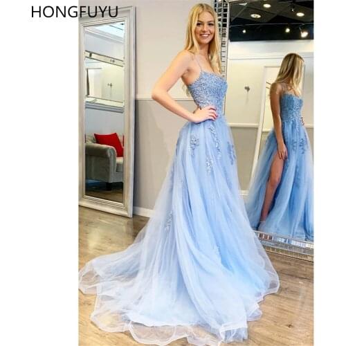 HONGFUYU Light Blue Prom Dresses Spaghetti Strap Floral Lace A-Line Sexy Lace Up Evening Gown Party Dress for Graduation Formal