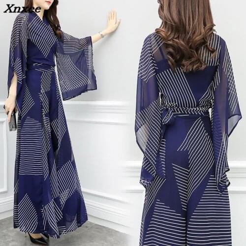 Chiffon Stripes Two Piece Set Top And Pants Batwing Sleeve Tracksuit Conjunto Feminino Ensemble Femme Deux Pieces Women Set