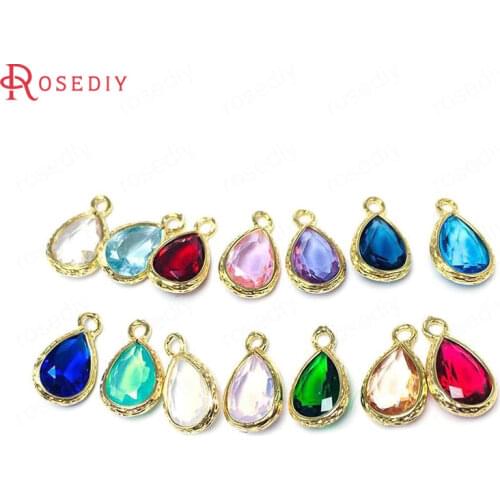 10PCS 7x10MM 24K Champagne Gold Color Brass and Glass Tear Drop Shape Charms Pendants Jewelry Making Supplies Diy Accessories