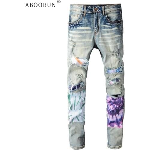 ABOORUN Hi Street Mens Ripped Hole Jeans Fashion Tie Dye Patches Stretch Slim fit Denim Pants Streetwear for Male
