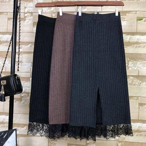 Autumn Black Women knitted Long Skirt Sweater Stripe Female Casual Lace Knit Bag Hip Skirt High Waist Elastic Midi Skirts R596