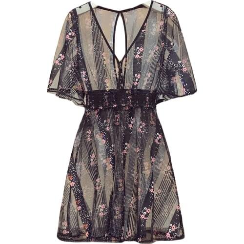 PERHAPS U Women Summe Elegant Floral Print Mesh Chiffon V-Neck Slim Pullover Backless Elastic Waist A-Line Short Dress D3047