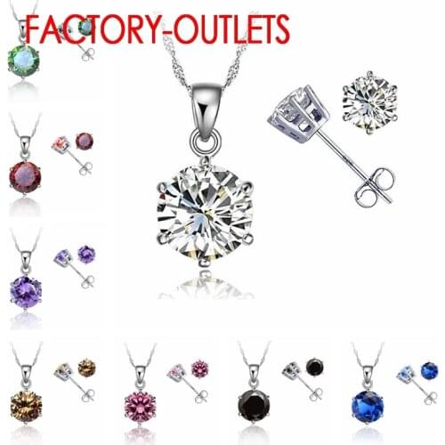 New Elegant 8 Colors Cubic Zirconia 925 Sterling Silver Jewelry Sets 6 Claws Stud Earring Pendant Necklace 18" Chain