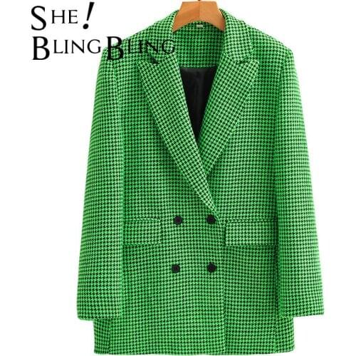SheBlingBling Za 2021 Green Houndstooth Casual Jackets Autumn Fashion Notched Collar Double Breasted Straight Blazers Women Coat