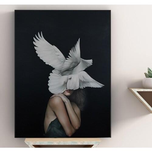Nordic Abstract Girl Canvas Feather Bird Poster Canvas Printing Modern Women Room High Definition Stylish Nordic Wall Art decor