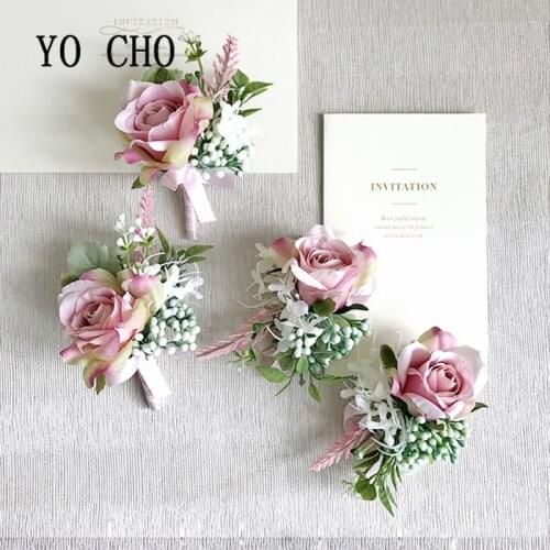 YO CHO 4 Colors Silk Artificial Wedding Groom Wrist Corsages Brooch Bridal Bridesmaid Sisters Flowers Wedding Party Decoration