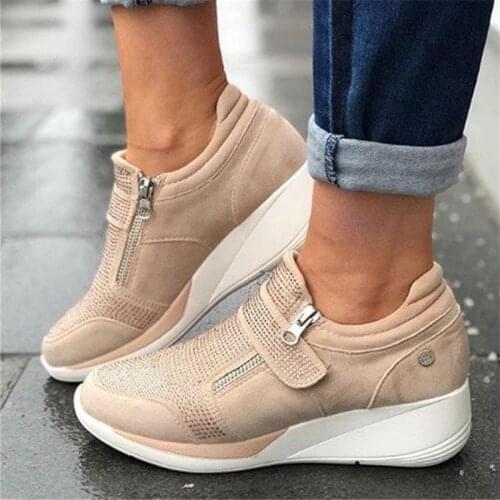 Women Spring Crystal Sneakers Womens Wedge Platform Hook Loop Ladies Zip Casual Woman Vulcanized Comfort Female Fashion 35-43