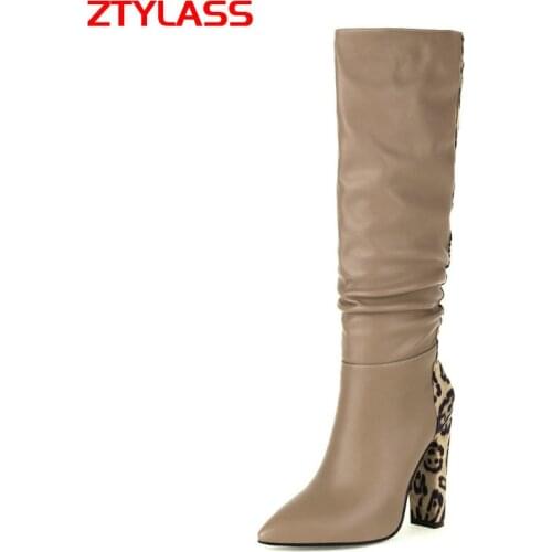 Women Pleated Winter Leopard Knee High Boots Fashion Slip On Pointed Toe Women Boots Ladies Square High Heel Autumn Shoes