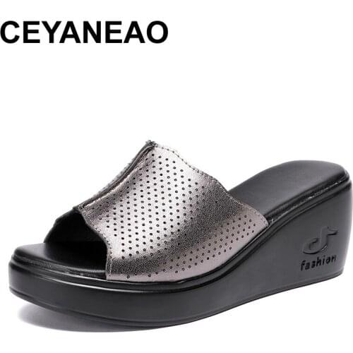CEYANEAOWoman platform thongs 2020 new summer women genuine leather slipper high heel shoes women slippers big size