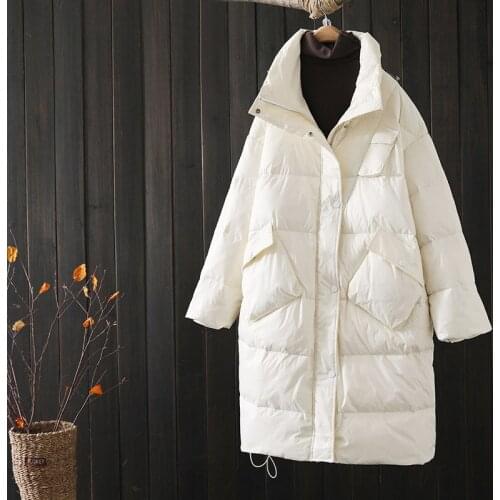 2021 Stand Collar Loose Thicken White Duck Down Jackets 2021 Winter Patchwork Pockets Women Down Coats Elegant Female Jackets