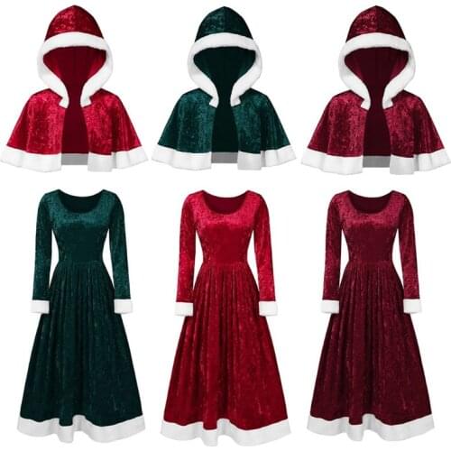 Women Christmas Santa Claus Cosplay Costume Velvet Long Sleeve Dress Cape with hood