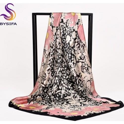 [BYSIFA] Black Pink Ladies Silk Scarf Shawl Fashion Brand Pure Silk Square Scarves Wraps 90*90cm Winter Large Silk Scarf Cape