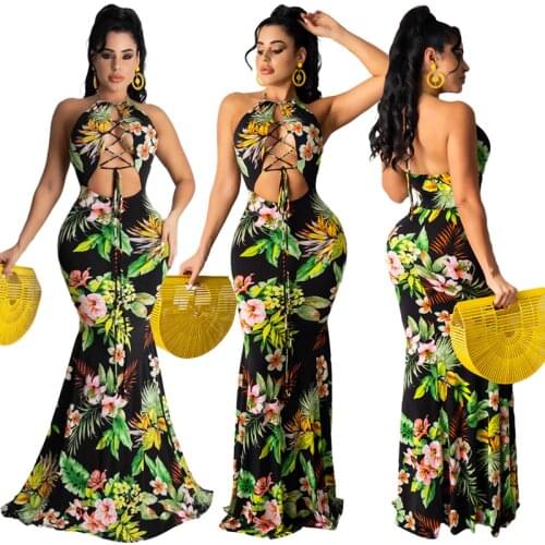 2021 Summer Women Floral Print Long Dress Hollow Out Bandage Halter Maxi Dress Sexy Green Backless Holiday Beach Bodycon