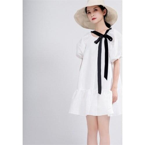 2020 Women Palace Style Front Lace Up White Dress Lady Cute short Puff Sleeve A-line Mini Holiday Summer Dresses