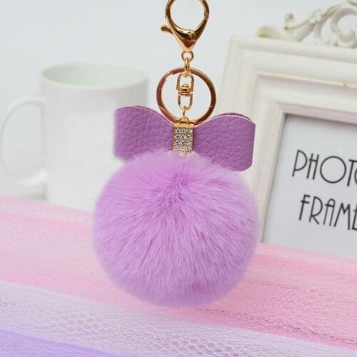 1pc Fur Pompom Keychain Bowtie Decor Fake Rabbit Fur Ball Keychains Women Car bag Key Ring Jewelry Gift Fluffy Key Chain