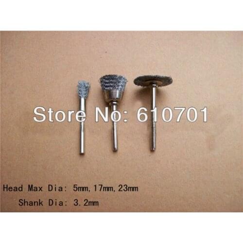 15PCS Pen/Bowl/T/Parallel Shape 5/17/23mm End Stainless Steel Wire Brush 3.2mm mandrel For Rotary Tools Electric Grinder Milling