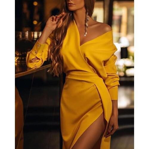 2020 Women Elegant Fashion Party Dress Female Stylish V-Neck Cocktail Solid V Neck Slit Dress
