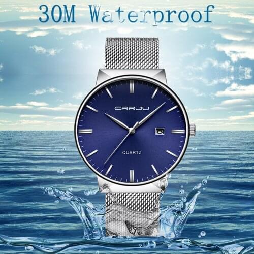 Top Brand CRRJU Casual Watches Men Stainless Steel Mesh Band Fashion Analog Quartz Watch Ultra Thin Blue Dial Clock Male