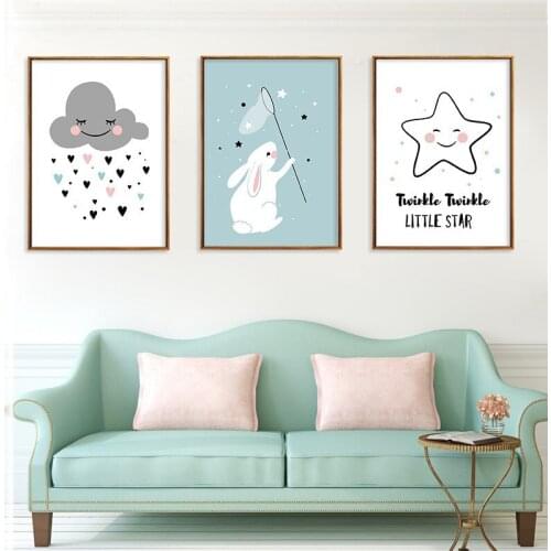 Childish Painting Home Decoration for Kids Nordic Wall Pictures for Living Room Rabbit Cloud Canvas Art Star Girl Kindergarten