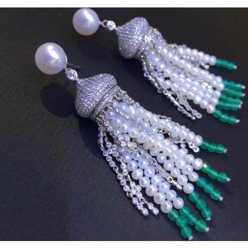 Long tassels drop earring 925 sterling silver with natural fresh water pearl and cubic zircon trendy fine women jewelry