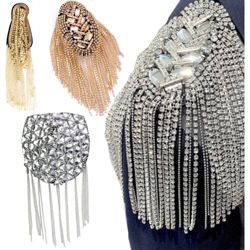 2pc Beaded Crystal Epaulette Clothes Punk Coat Suit DIY Chain Tassel Badge Rhinestones Epaulets Shoulder Patches Appliques