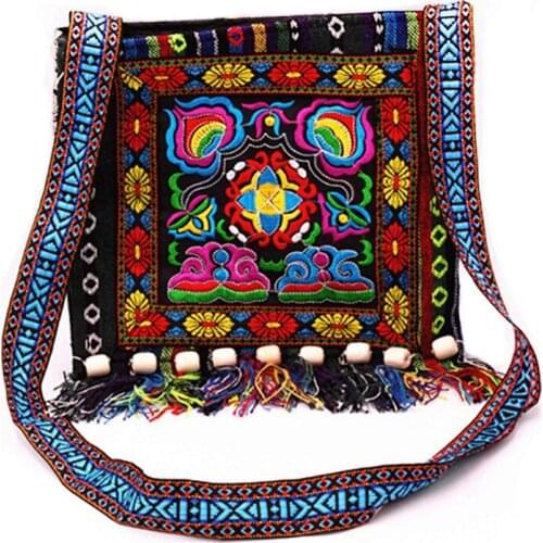 Hmong Vintage Chinese National Style Ethnic Shoulder Bag Embroidery Boho Hippie Tassel Tote Messenger