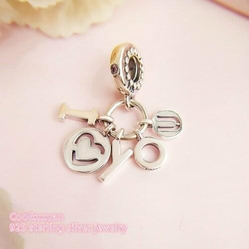 2019 Valentines Day 100% 925 Sterling Silver I Love You Dangle Charm, Fancy Fuchsia Pink CZ Charms Beads Fit Pandora Bracelet