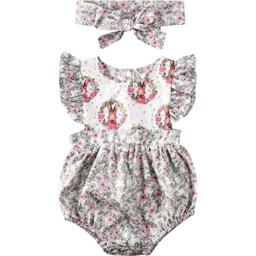 2020 Summer Cute Infant Baby Girls Romper Jumpsuit Headband Ruffles Sleeve Floral Print Rompers Newborn Baby Infant Jumpsuits