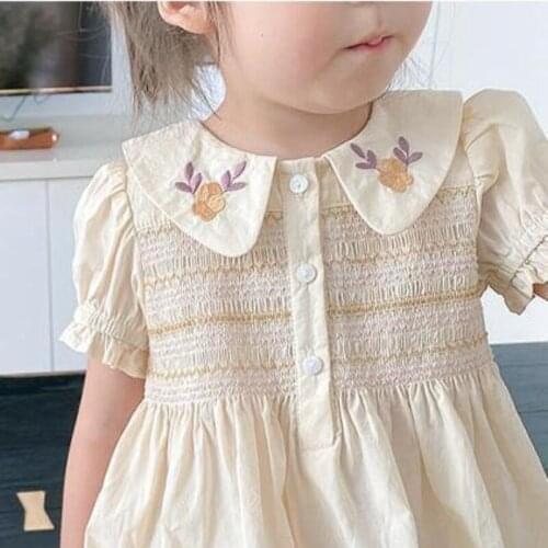 Summer Childrens Clothing Girls Embroidered Flower Collar Dress New Foreign Style Lantern Sleeve Thin Flower Princess Dress