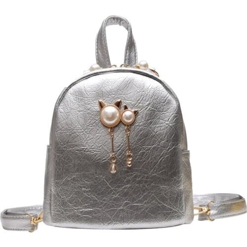 Mini Backpack Women PU Leather Shoulder Bag For Teenage Girls Kids Multi-Function Small Backpack Female Lady Cat Pearl Backpack