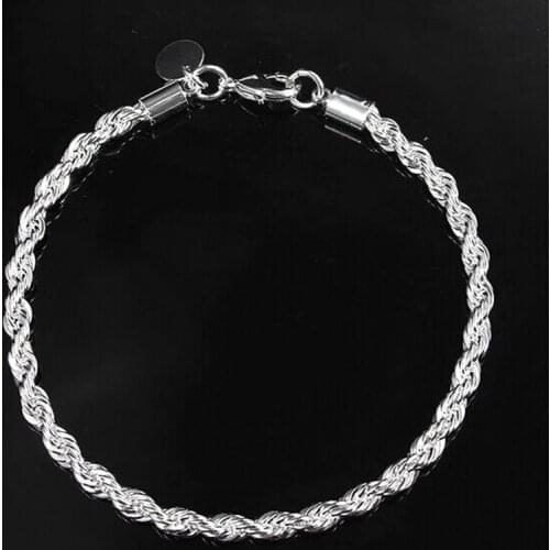 925 Stamped Silver colorFashion Jewelry 4MM Twisted Link Chain Bracelets New