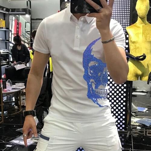 Most Popular Hot Deal Gradient Reflection Diamond Shirt Polo Short-Sleeved Advantages Rhinestone Skull Mens Lapel Brand